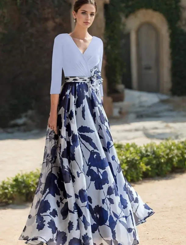 Beach Wedding A-Line Mother of the Bride Dress Formal Wedding Guest Elegant V Neck Floor Length Chiffon 3/4 Length Sleeve with Flower Wedding Guest Dress free custom size