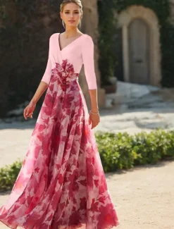 Beach Wedding A-Line Mother of the Bride Dress Formal Wedding Guest Elegant V Neck Floor Length Chiffon 3/4 Length Sleeve with Flower Wedding Guest Dress free custom size