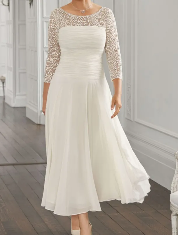 Beach Wedding A-Line Mother of the Bride Dress Wedding Guest Elegant Jewel Neck Ankle Length Chiffon Lace 3/4 Length Sleeve with Sequin Ruching free custom size