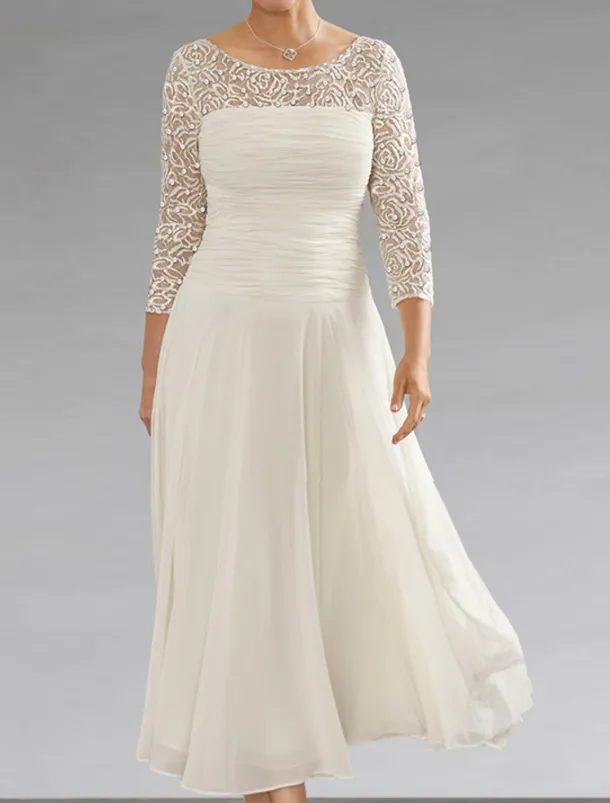 Beach Wedding A-Line Mother of the Bride Dress Wedding Guest Elegant Jewel Neck Ankle Length Chiffon Lace 3/4 Length Sleeve with Sequin Ruching free custom size