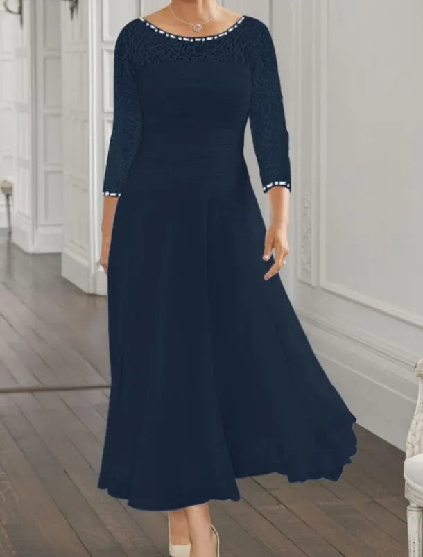 Beach Wedding A-Line Mother of the Bride Dress Wedding Guest Elegant Jewel Neck Ankle Length Chiffon Lace 3/4 Length Sleeve with Sequin Ruching free custom size