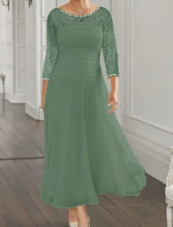 Beach Wedding A-Line Mother of the Bride Dress Wedding Guest Elegant Jewel Neck Ankle Length Chiffon Lace 3/4 Length Sleeve with Sequin Ruching free custom size