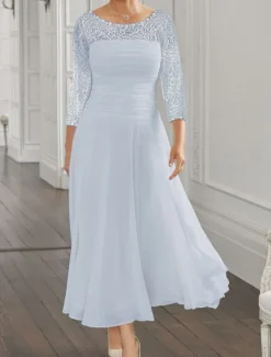 Beach Wedding A-Line Mother of the Bride Dress Wedding Guest Elegant Jewel Neck Ankle Length Chiffon Lace 3/4 Length Sleeve with Sequin Ruching free custom size