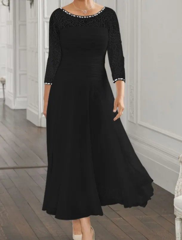 Beach Wedding A-Line Mother of the Bride Dress Wedding Guest Elegant Jewel Neck Ankle Length Chiffon Lace 3/4 Length Sleeve with Sequin Ruching free custom size