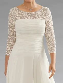 Beach Wedding A-Line Mother of the Bride Dress Wedding Guest Elegant Jewel Neck Ankle Length Chiffon Lace 3/4 Length Sleeve with Sequin Ruching free custom size