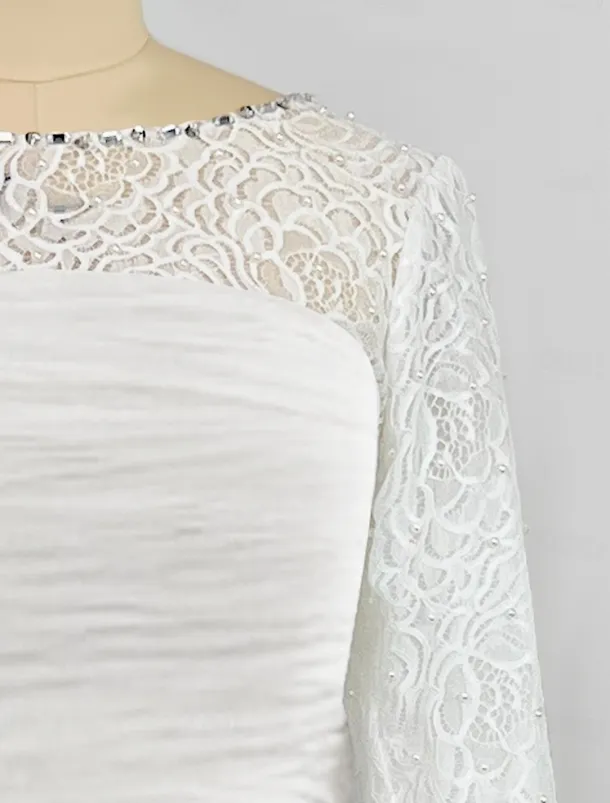 Beach Wedding A-Line Mother of the Bride Dress Wedding Guest Elegant Jewel Neck Ankle Length Chiffon Lace 3/4 Length Sleeve with Sequin Ruching free custom size