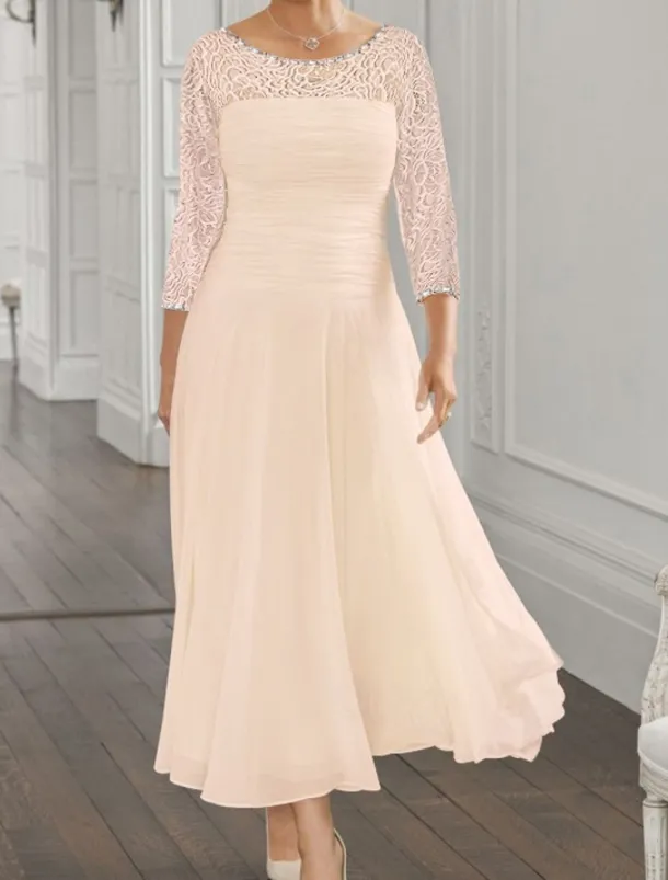 Beach Wedding A-Line Mother of the Bride Dress Wedding Guest Elegant Jewel Neck Ankle Length Chiffon Lace 3/4 Length Sleeve with Sequin Ruching free custom size