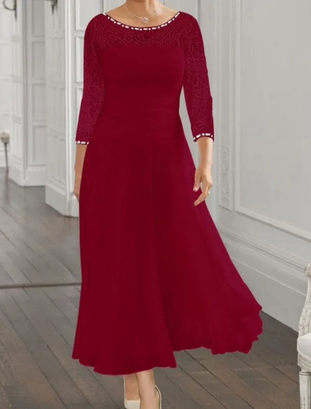 Beach Wedding A-Line Mother of the Bride Dress Wedding Guest Elegant Jewel Neck Ankle Length Chiffon Lace 3/4 Length Sleeve with Sequin Ruching free custom size