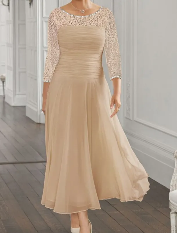 Beach Wedding A-Line Mother of the Bride Dress Wedding Guest Elegant Jewel Neck Ankle Length Chiffon Lace 3/4 Length Sleeve with Sequin Ruching free custom size