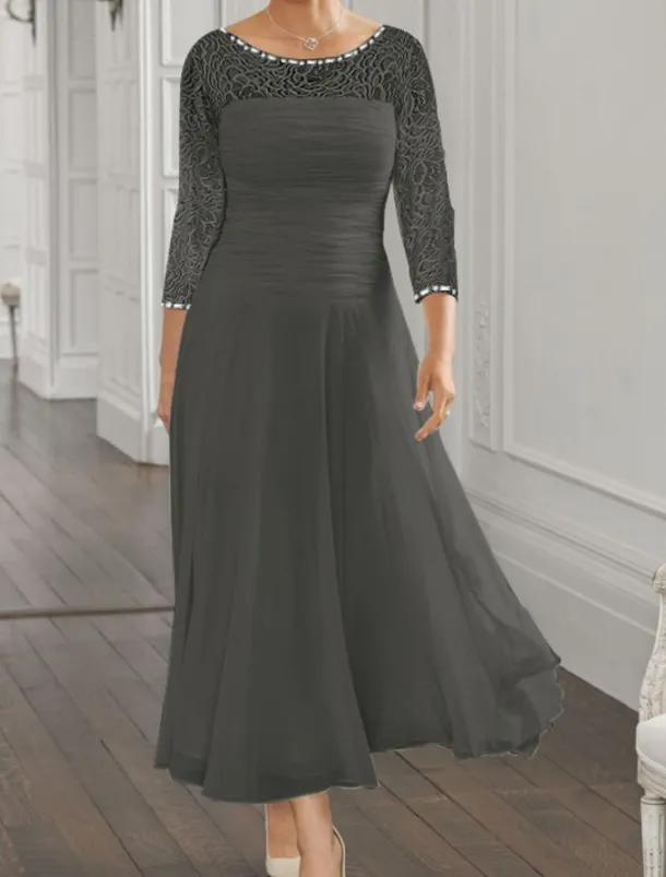Beach Wedding A-Line Mother of the Bride Dress Wedding Guest Elegant Jewel Neck Ankle Length Chiffon Lace 3/4 Length Sleeve with Sequin Ruching free custom size