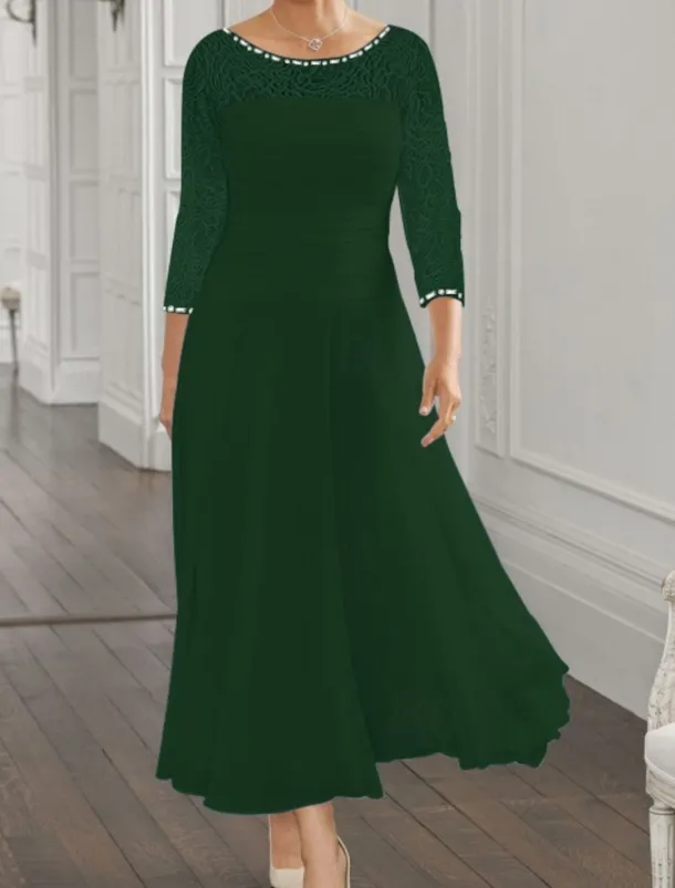 Beach Wedding A-Line Mother of the Bride Dress Wedding Guest Elegant Jewel Neck Ankle Length Chiffon Lace 3/4 Length Sleeve with Sequin Ruching free custom size