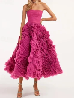 Beach Wedding A-Line Prom Dresses Floral Dress Wedding Guest Quinceanera Ankle Length Sleeveless Strapless Tulle Backless with Ruched