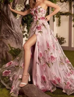 Beach Wedding A-Line Prom Dresses Floral Dress Wedding Guest Wedding Party Court Train Sleeveless Strapless Organza with Slit Appliques