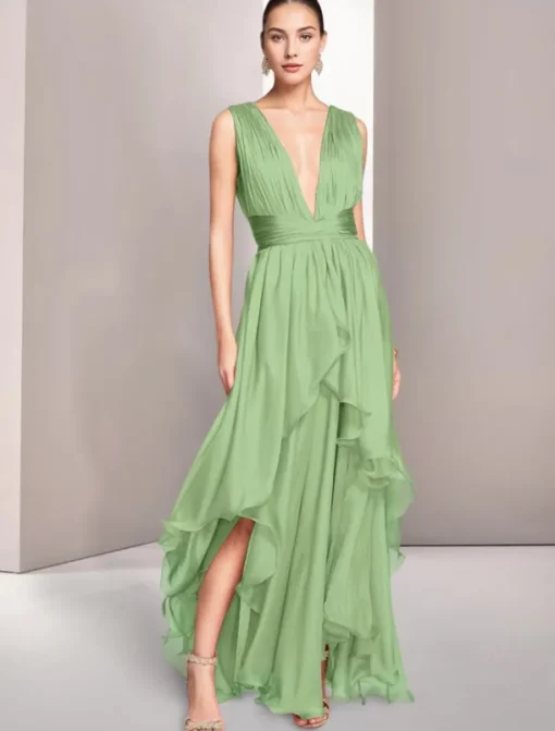 Beach Wedding A-Line Prom Dresses Elegant Dress Formal Summer Asymmetrical Sleeveless V Neck Chiffon with Ruched