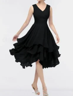 Beach Wedding A-Line Wedding Guest Dresses Party Dress Homecoming Dress Asymmetrical Sleeveless V Neck Chiffon with Ruched Tiered dress to impress Dresses