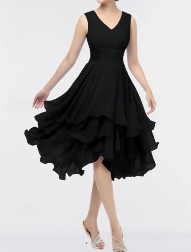 Beach Wedding A-Line Wedding Guest Dresses Party Dress Homecoming Dress Asymmetrical Sleeveless V Neck Chiffon with Ruched Tiered dress to impress Dresses