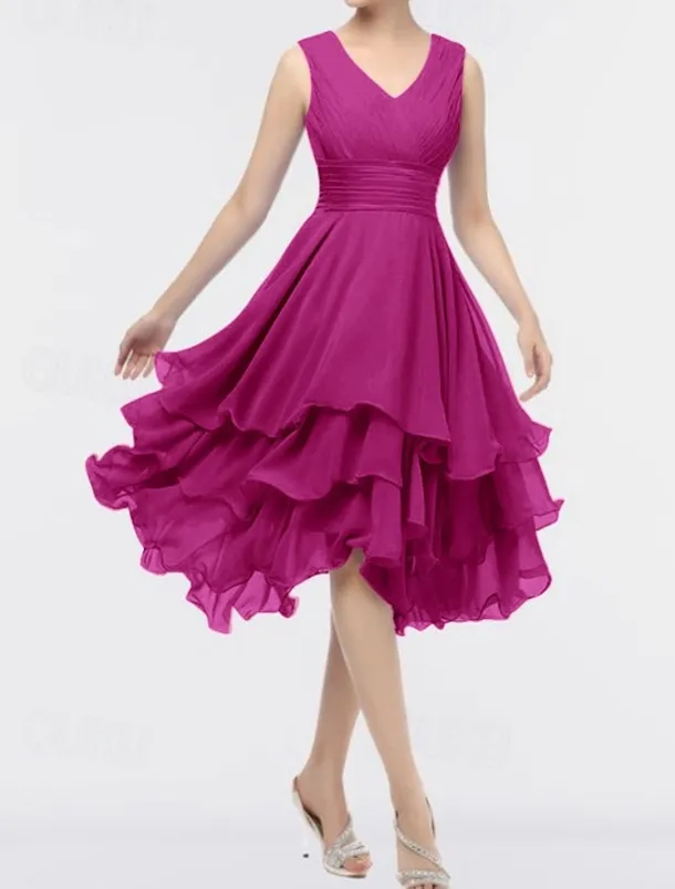 Beach Wedding A-Line Wedding Guest Dresses Party Dress Homecoming Dress Asymmetrical Sleeveless V Neck Chiffon with Ruched Tiered dress to impress Dresses