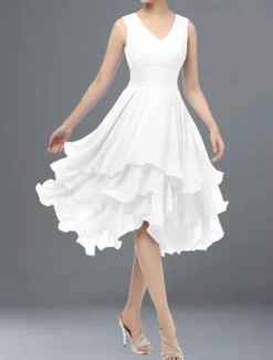 Beach Wedding A-Line Wedding Guest Dresses Party Dress Homecoming Dress Asymmetrical Sleeveless V Neck Chiffon with Ruched Tiered dress to impress Dresses