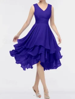 Beach Wedding A-Line Wedding Guest Dresses Party Dress Homecoming Dress Asymmetrical Sleeveless V Neck Chiffon with Ruched Tiered dress to impress Dresses