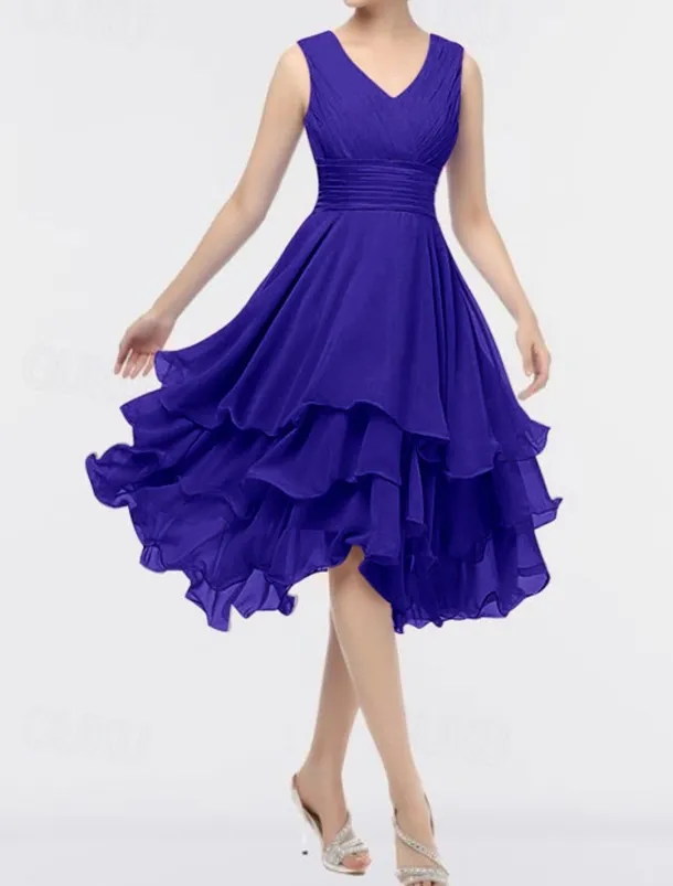 Beach Wedding A-Line Wedding Guest Dresses Party Dress Homecoming Dress Asymmetrical Sleeveless V Neck Chiffon with Ruched Tiered dress to impress Dresses