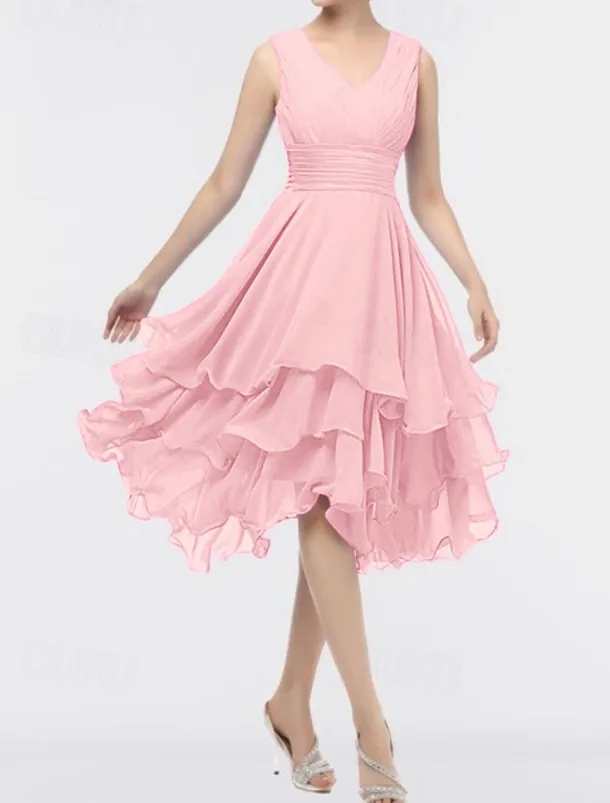 Beach Wedding A-Line Wedding Guest Dresses Party Dress Homecoming Dress Asymmetrical Sleeveless V Neck Chiffon with Ruched Tiered dress to impress Dresses