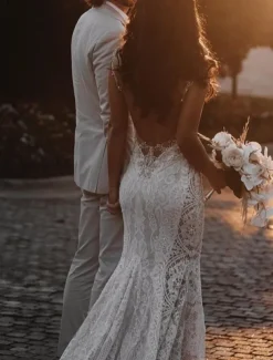 Beach Wedding Beach Open Back Sexy Boho Wedding Dresses Mermaid V Neck Sleeveless Court Train Lace Bridal Gowns With Appliques