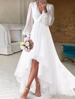 Beach Wedding Bridal Shower Little White Dress Bridal Shower Dresses Casual Wedding Dresses A-Line V Neck Long Sleeve Asymmetrical Chiffon Bridal Gowns With Solid Color