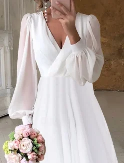 Beach Wedding Bridal Shower Little White Dress Bridal Shower Dresses Casual Wedding Dresses A-Line V Neck Long Sleeve Asymmetrical Chiffon Bridal Gowns With Solid Color