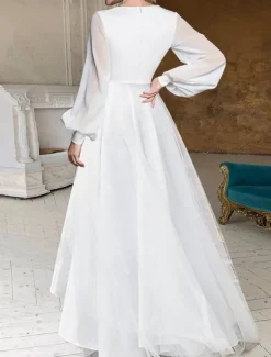 Beach Wedding Bridal Shower Little White Dress Bridal Shower Dresses Casual Wedding Dresses A-Line V Neck Long Sleeve Asymmetrical Chiffon Bridal Gowns With Solid Color
