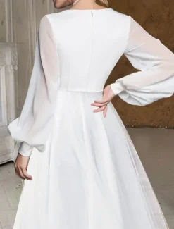 Beach Wedding Bridal Shower Little White Dress Bridal Shower Dresses Casual Wedding Dresses A-Line V Neck Long Sleeve Asymmetrical Chiffon Bridal Gowns With Solid Color