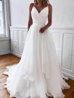 Beach Wedding Casual Simple Wedding Dresses Wedding Dresses Sheath Camisole Sleeveless Court Train Chiffon Bridal Gowns With Pleats