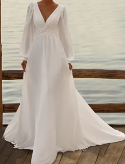 Beach Wedding Formal Simple Wedding Dresses A-Line V Neck Long Sleeve Court Train Chiffon Bridal Gowns With Pleats Ruched