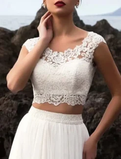 Beach Wedding Hall Casual Wedding Dresses Separates Illusion Neck Cap Sleeve Separates Lace Bridal Tops Bridal Gowns With Appliques