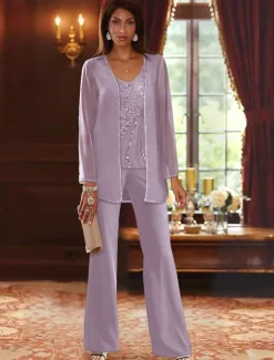Beach Wedding Jumpsuit / Pantsuit 3 Piece Mother of the Bride Formal Wedding Guest Elegant Luxurious V Neck Floor Length Chiffon Lace Sleeveless Wrap Included with Beading Sequin