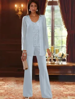 Beach Wedding Jumpsuit / Pantsuit 3 Piece Mother of the Bride Formal Wedding Guest Elegant Luxurious V Neck Floor Length Chiffon Lace Sleeveless Wrap Included with Beading Sequin