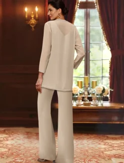 Beach Wedding Jumpsuit / Pantsuit 3 Piece Mother of the Bride Formal Wedding Guest Elegant Luxurious V Neck Floor Length Chiffon Lace Sleeveless Wrap Included with Beading Sequin