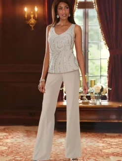 Beach Wedding Jumpsuit / Pantsuit 3 Piece Mother of the Bride Formal Wedding Guest Elegant Luxurious V Neck Floor Length Chiffon Lace Sleeveless Wrap Included with Beading Sequin