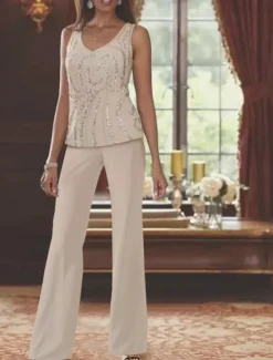 Beach Wedding Jumpsuit / Pantsuit 3 Piece Mother of the Bride Formal Wedding Guest Elegant Luxurious V Neck Floor Length Chiffon Lace Sleeveless Wrap Included with Beading Sequin