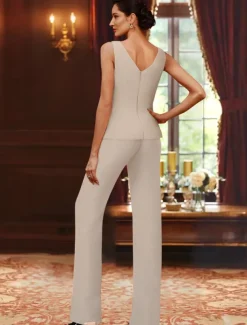 Beach Wedding Jumpsuit / Pantsuit 3 Piece Mother of the Bride Formal Wedding Guest Elegant Luxurious V Neck Floor Length Chiffon Lace Sleeveless Wrap Included with Beading Sequin