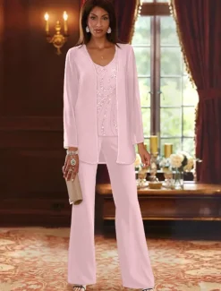 Beach Wedding Jumpsuit / Pantsuit 3 Piece Mother of the Bride Formal Wedding Guest Elegant Luxurious V Neck Floor Length Chiffon Lace Sleeveless Wrap Included with Beading Sequin