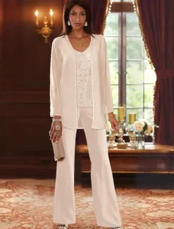 Beach Wedding Jumpsuit / Pantsuit 3 Piece Mother of the Bride Formal Wedding Guest Elegant Luxurious V Neck Floor Length Chiffon Lace Sleeveless Wrap Included with Beading Sequin