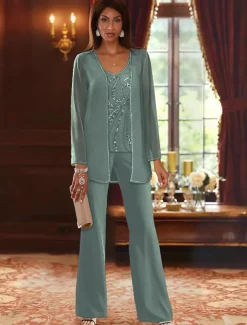 Beach Wedding Jumpsuit / Pantsuit 3 Piece Mother of the Bride Formal Wedding Guest Elegant Luxurious V Neck Floor Length Chiffon Lace Sleeveless Wrap Included with Beading Sequin