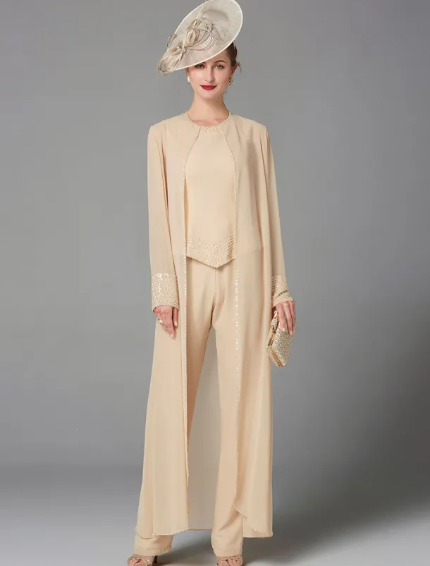 Beach Wedding Jumpsuit / Pantsuit 3 Piece Mother of the Bride Formal Wedding Guest Elegant Plus Size Wrap Included Bateau Neck Floor Length Chiffon Long Sleeve Wrap Included with Beading