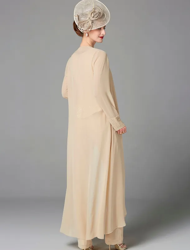 Beach Wedding Jumpsuit / Pantsuit 3 Piece Mother of the Bride Formal Wedding Guest Elegant Plus Size Wrap Included Bateau Neck Floor Length Chiffon Long Sleeve Wrap Included with Beading