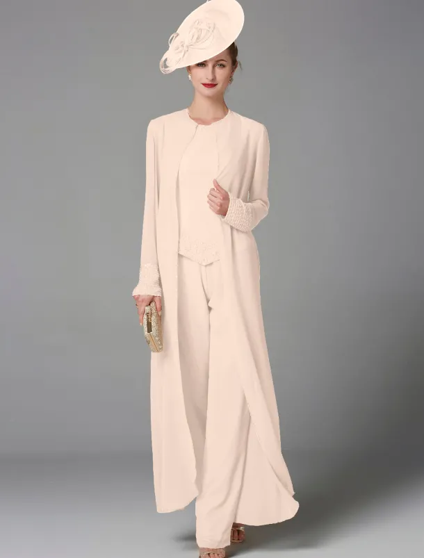 Beach Wedding Jumpsuit / Pantsuit 3 Piece Mother of the Bride Formal Wedding Guest Elegant Plus Size Wrap Included Bateau Neck Floor Length Chiffon Long Sleeve Wrap Included with Beading