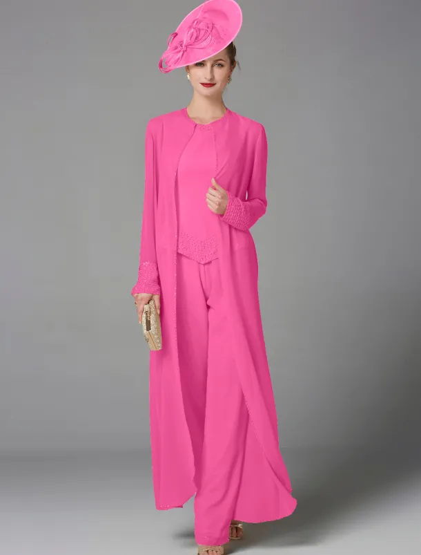 Beach Wedding Jumpsuit / Pantsuit 3 Piece Mother of the Bride Formal Wedding Guest Elegant Plus Size Wrap Included Bateau Neck Floor Length Chiffon Long Sleeve Wrap Included with Beading