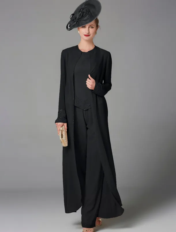 Beach Wedding Jumpsuit / Pantsuit 3 Piece Mother of the Bride Formal Wedding Guest Elegant Plus Size Wrap Included Bateau Neck Floor Length Chiffon Long Sleeve Wrap Included with Beading