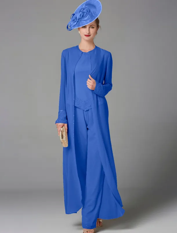 Beach Wedding Jumpsuit / Pantsuit 3 Piece Mother of the Bride Formal Wedding Guest Elegant Plus Size Wrap Included Bateau Neck Floor Length Chiffon Long Sleeve Wrap Included with Beading