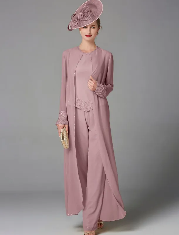Beach Wedding Jumpsuit / Pantsuit 3 Piece Mother of the Bride Formal Wedding Guest Elegant Plus Size Wrap Included Bateau Neck Floor Length Chiffon Long Sleeve Wrap Included with Beading