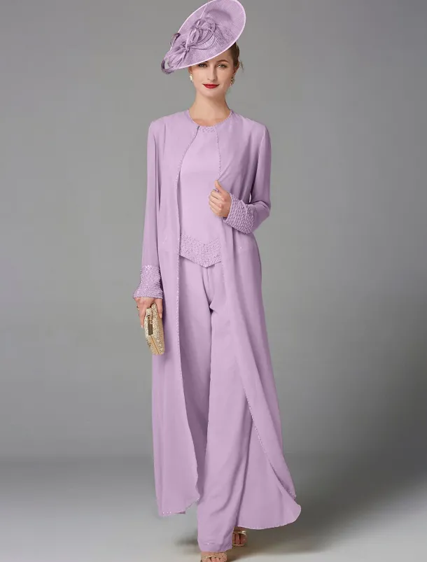 Beach Wedding Jumpsuit / Pantsuit 3 Piece Mother of the Bride Formal Wedding Guest Elegant Plus Size Wrap Included Bateau Neck Floor Length Chiffon Long Sleeve Wrap Included with Beading
